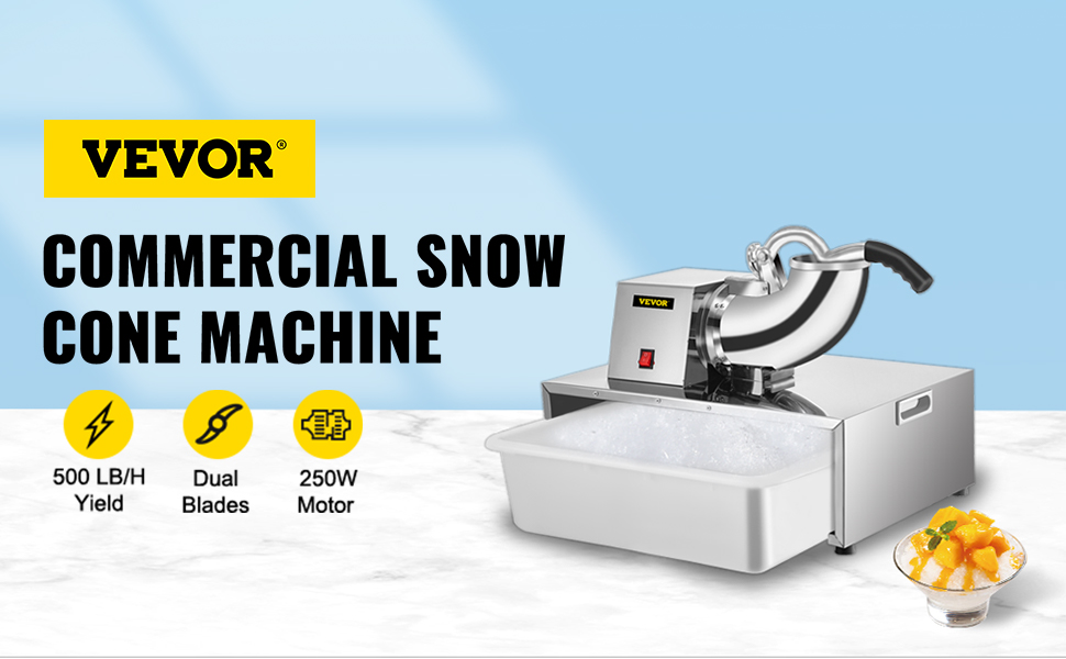Commercial Snow Cone Machine,500LB/H,250W,Dual Blade,w/ Basin