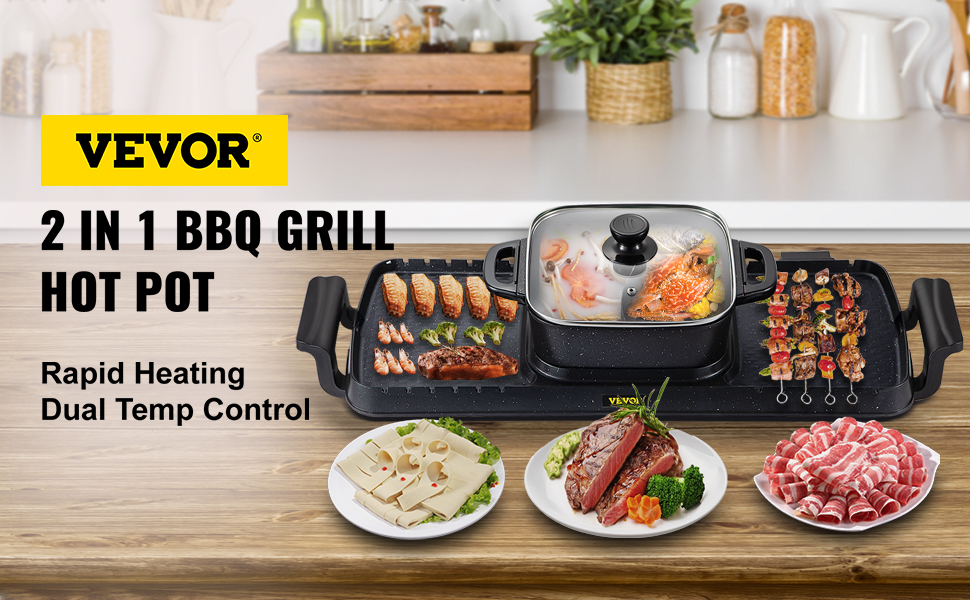 3 in 1 BBQ Grill Hot Pot,2400W,Dual Temp Control