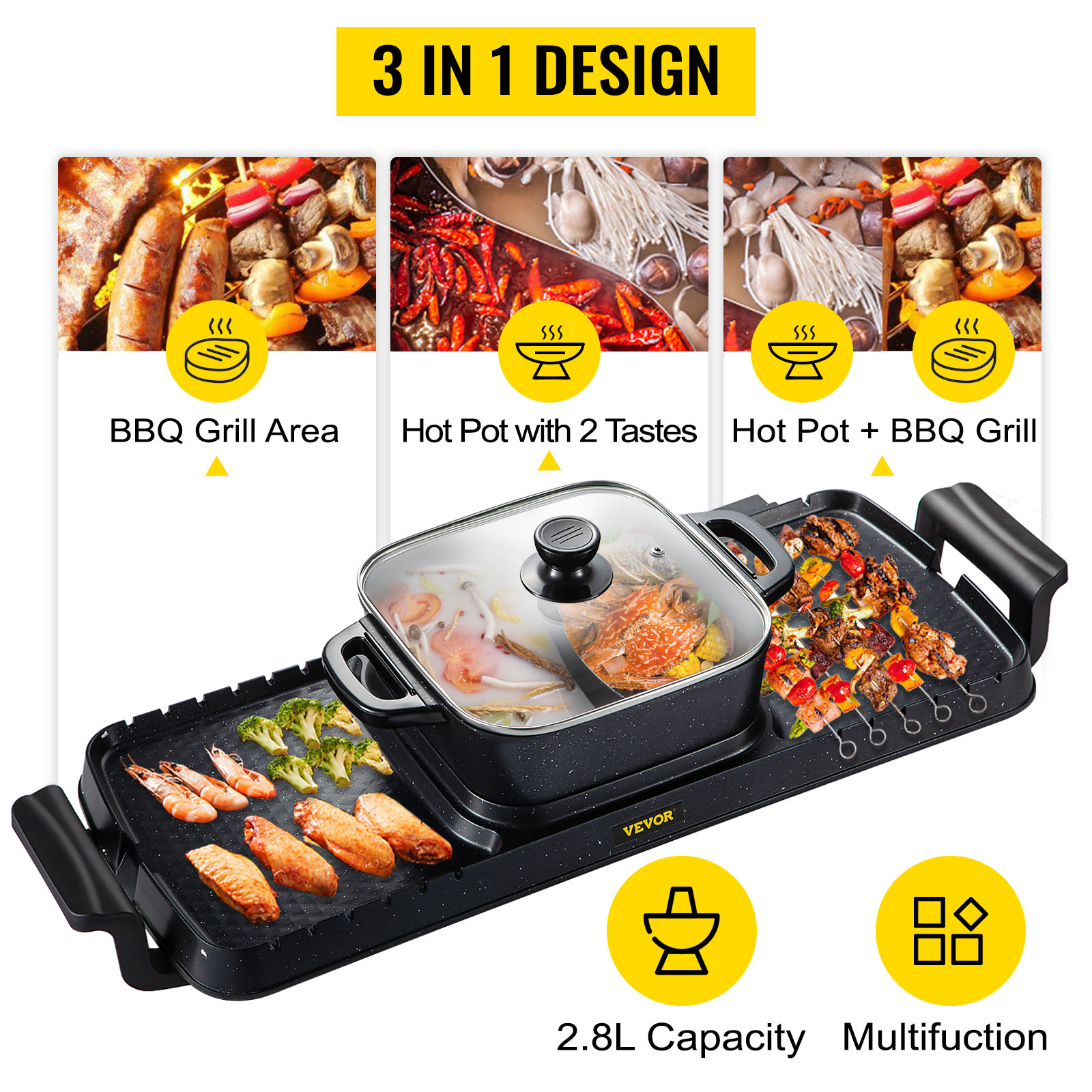 3 in 1 BBQ Grill Hot Pot,2400W,Dual Temp Control