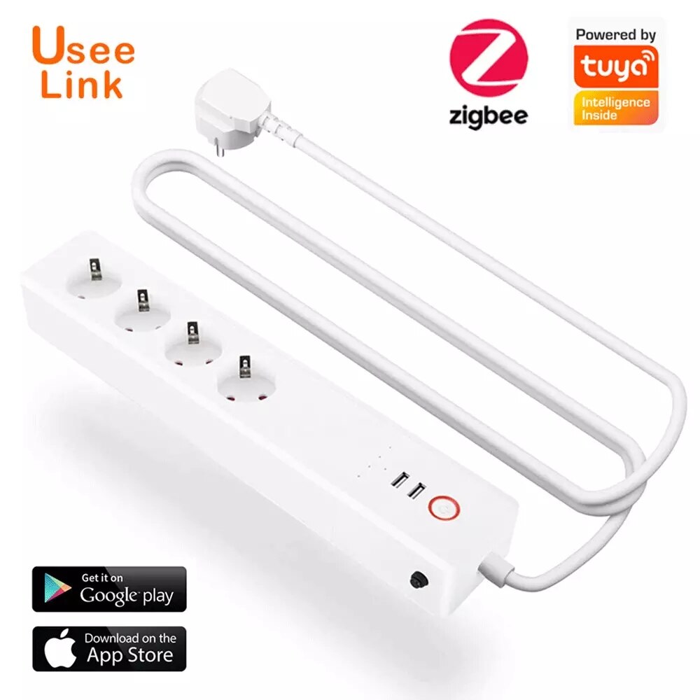 ZigBee Smart Power Strip 16A EU/UK,UseeLink Smart Power Bar Multiple Outlet Extension Cord with 2 USB and 4 AC Plugs by Tuya