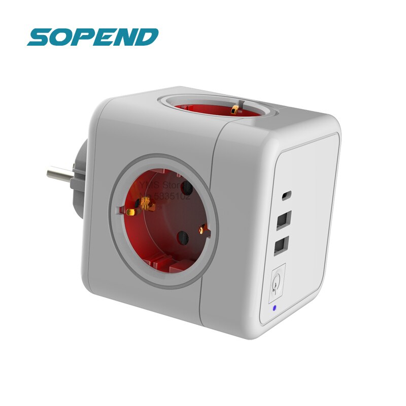 Sopend Power Strip Plug USB Electric Network Filter Switch+Type C Socket Tee Powercube Smart Outlet Extension Adapter European