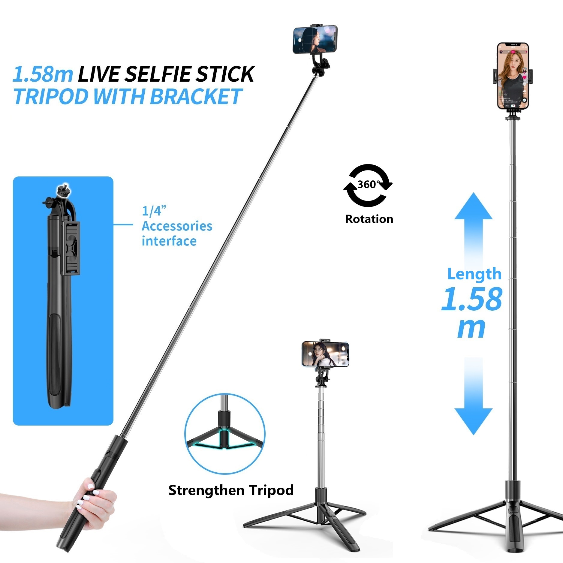 COOL DIER 1580mm New Wireless Selfie Stick Tripod Foldable Monopod With Fill light For Gopro Action Cameras Smartphones Selfie