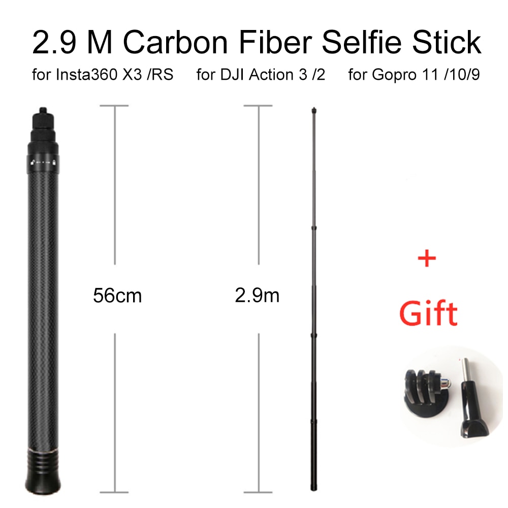 2.9m Super Long Carbon Fiber Invisible Selfie Stick for Insta360 X3 /DJI ACTION 3 /GOPRO 11 Camera Selfie Stick