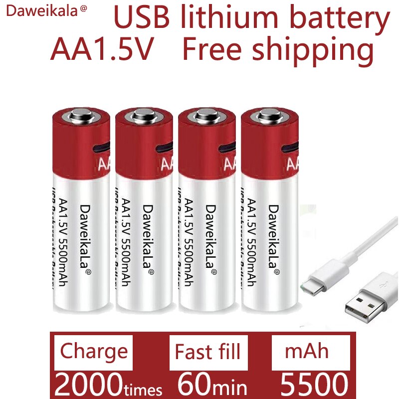 Daweikala New AA USB rechargeable Li ion battery 1.5V AA 5500mah / Li ion battery watch for toys MP3 player thermometer keyboard
