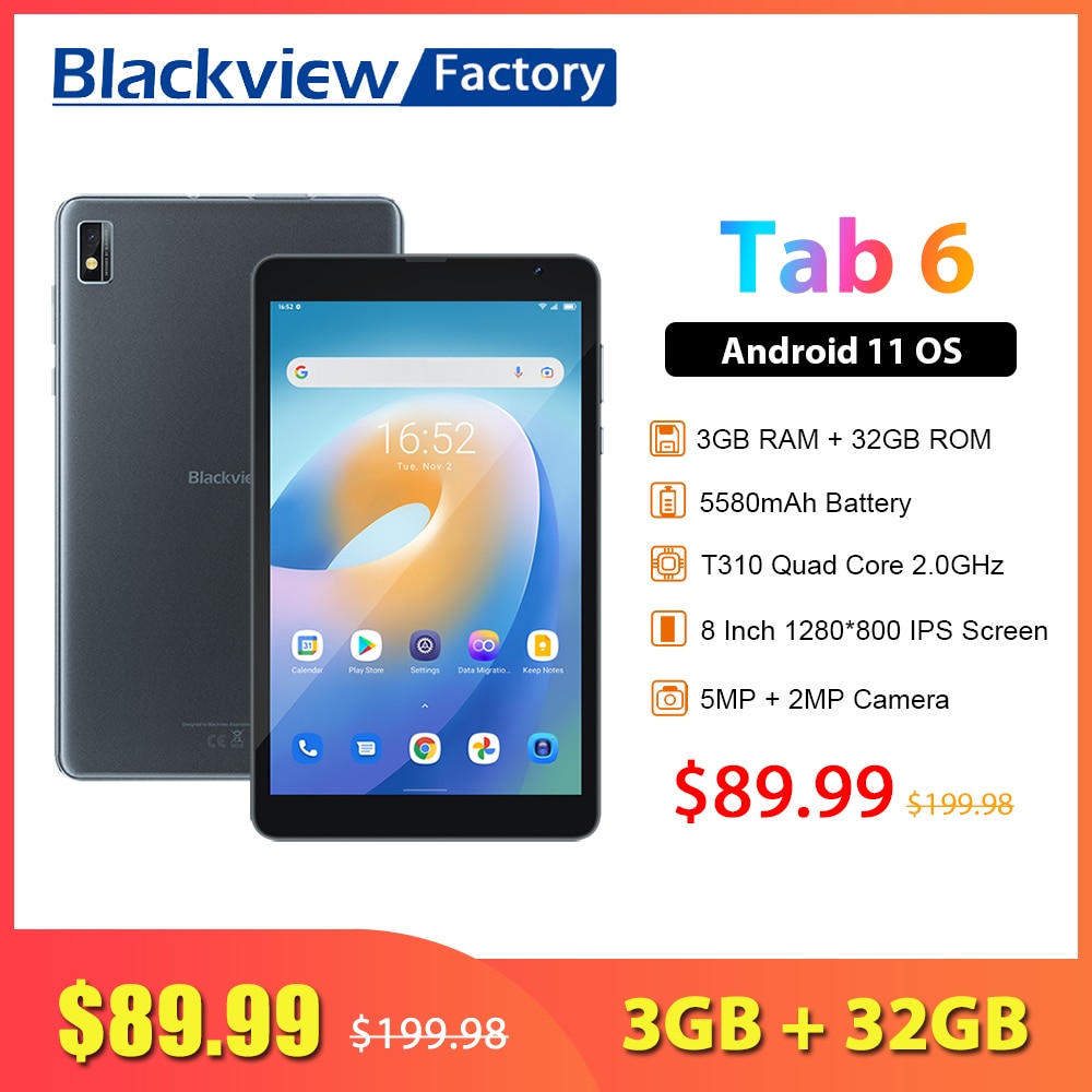 Blackview Tab 6 Tablet 3GB RAM 32GB ROM Android 11 Tablets 5580mAh 4G WIFI LTE 1280*800 Kindle
