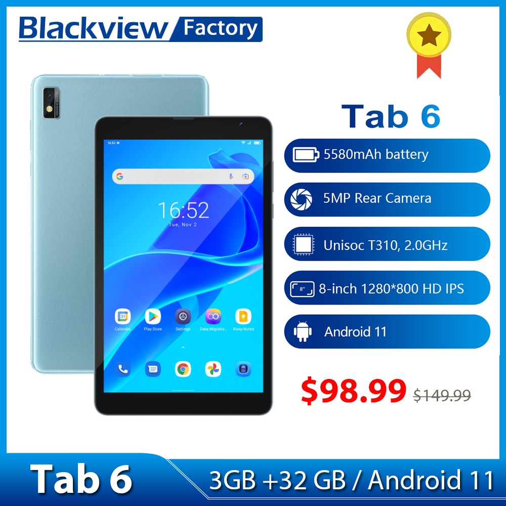 Blackview Tab 6 3GB 32GB Tablet 8 Inch 1280*800 Display Android 11 Tablets PC 4G WIFI LTE Phone Call  Kindle Ebook