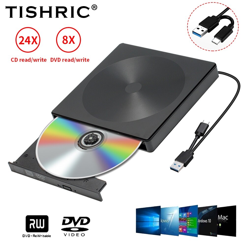 TISHRIC CD DVD External USB Optical Drive Burner Adaptor Reader Writer RW USB 3.0 Type C Cable For PC Laptop Portable DVD Player
