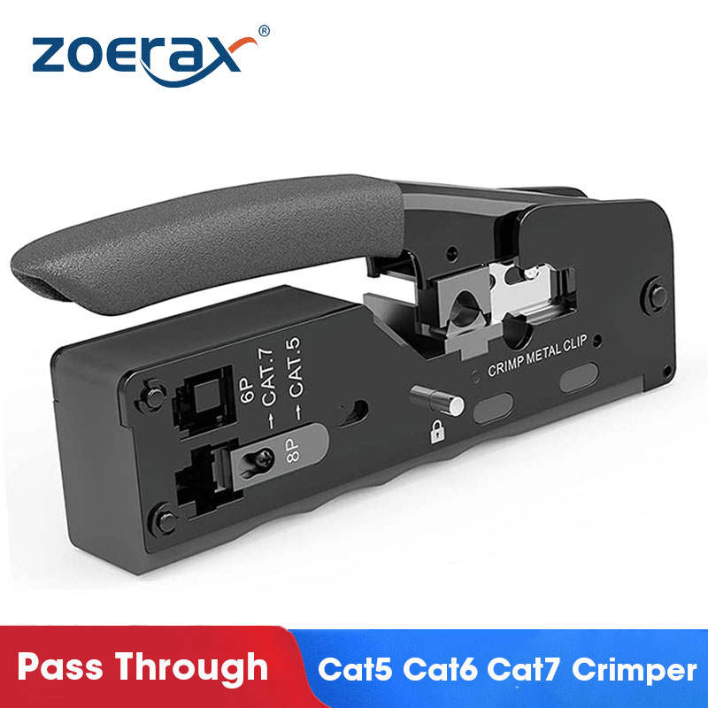 ZoeRax RJ45 Crimp Tool Pass Through Connectors Crimper Cutter Stripper for Cat7 Cat6 Cat8 Cat6a Cat5e Cat5 8P8C Modular Ends