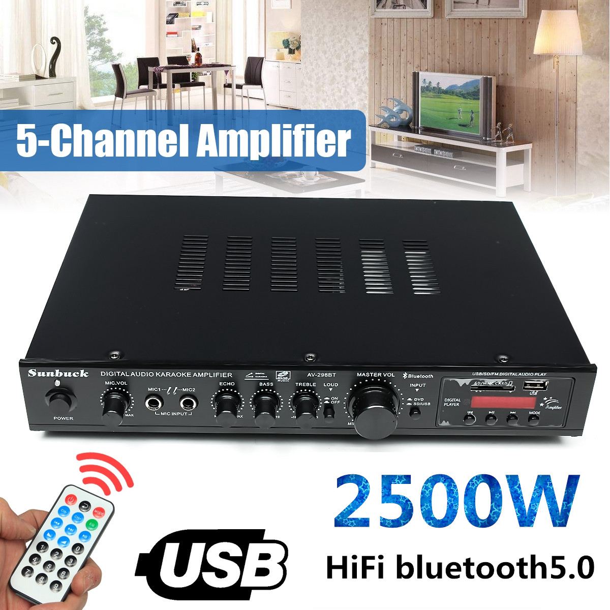NEW 2500W max bluetooth 5 Channel Power Amplifier HiFi Stereo Speaker Amp Support FM Radio 2 Mic USB SD Card Input 298BT