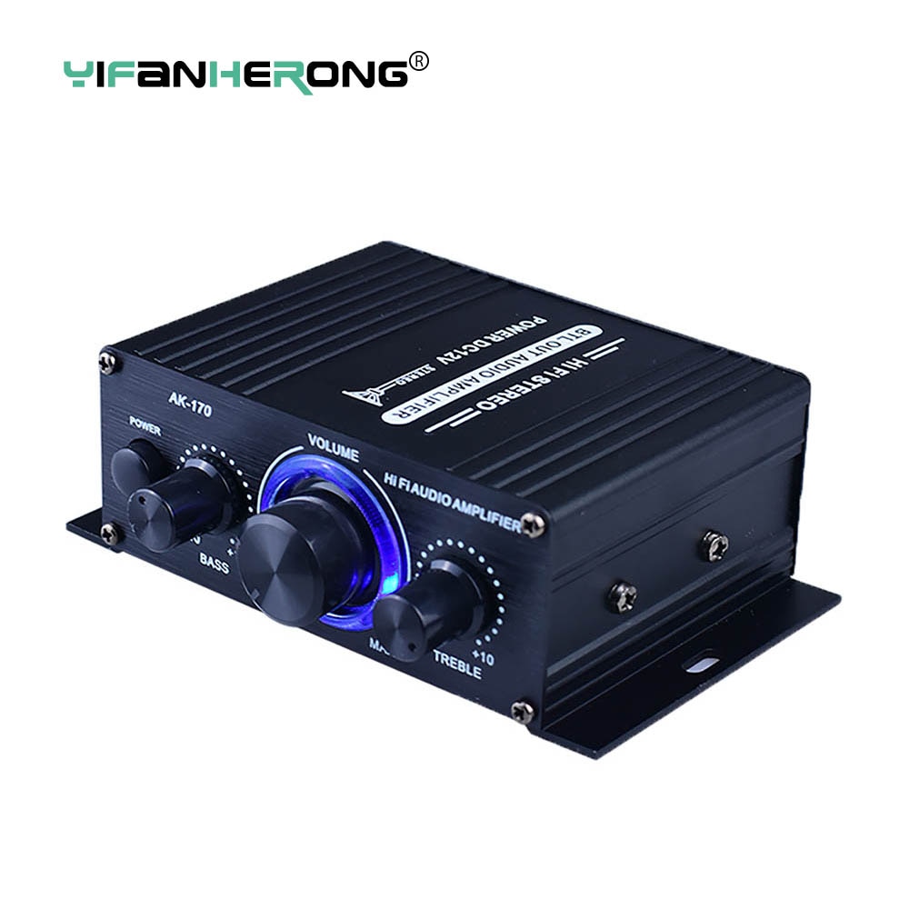 AK170 Mini Digital Power Audio Car Amplifier Blue Light Stereo Audio Amplifier for Home Theater Club Party Music 200W x2