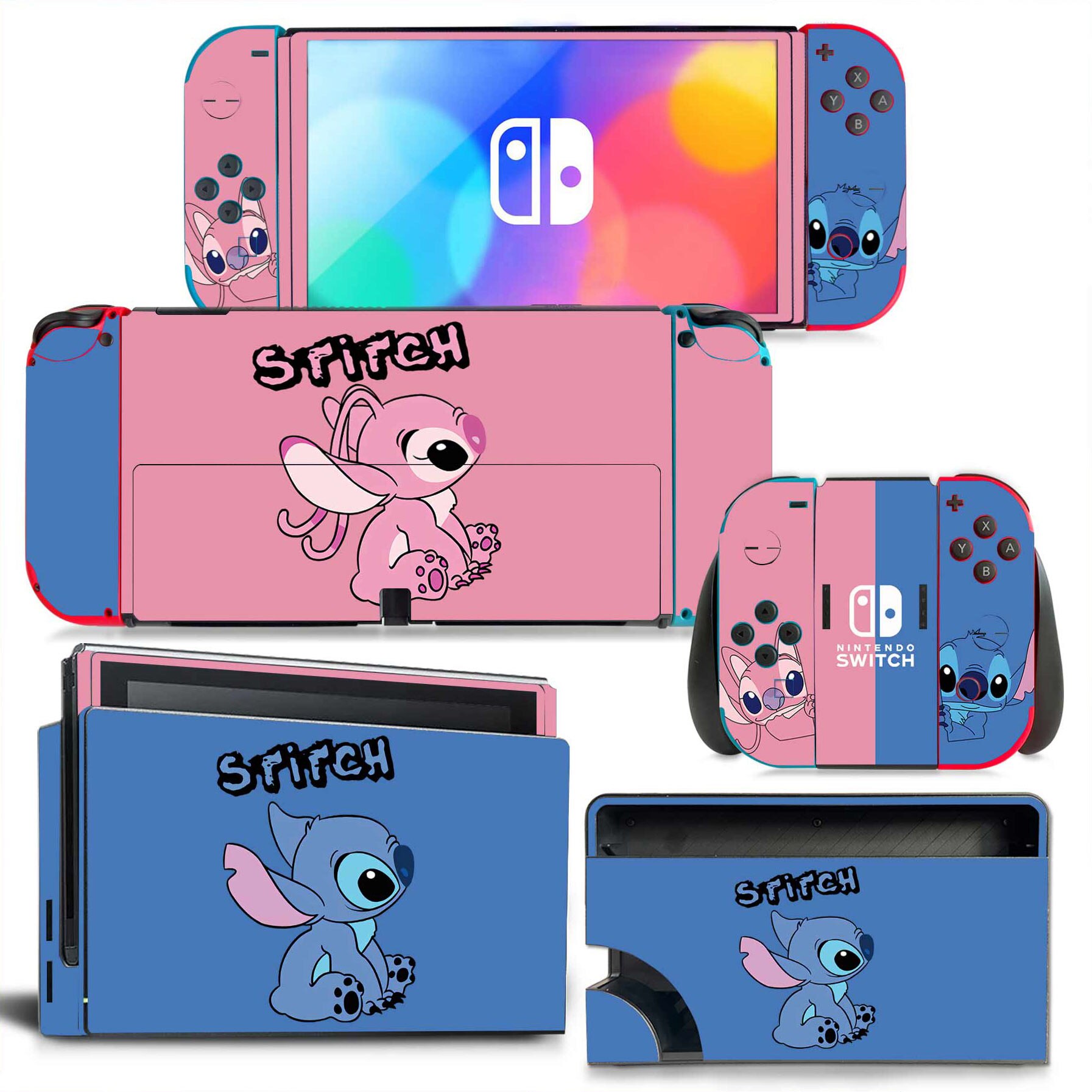 Disney Stitch Skin Cute Full Cover Sticker Decal for Switch OLED Console Joy-con Controller Dock Skin Vinyl Protective Film