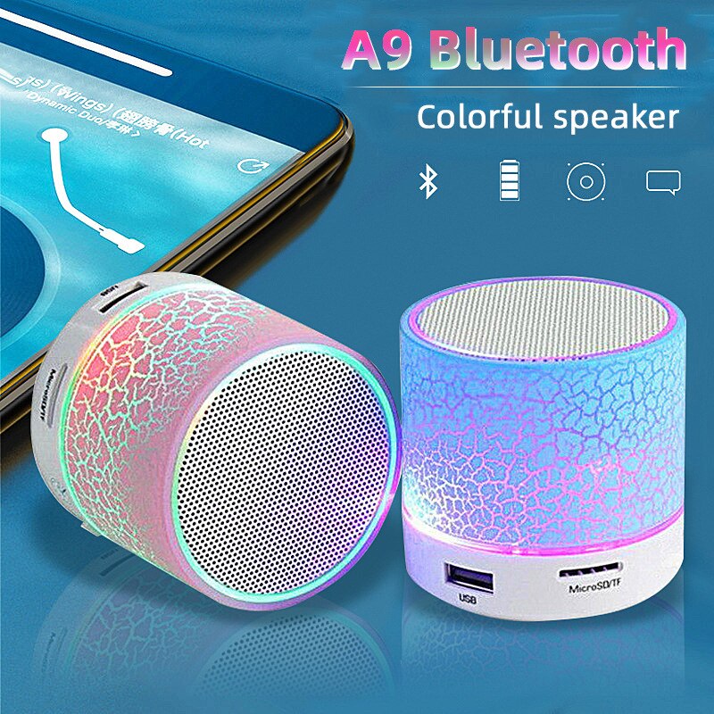 Mini Portable A9 Bluetooth Speaker Colorful LED Light USB Cylindrical MP3 Wireless Audio Subwoofer Rechargeable Support TF Card