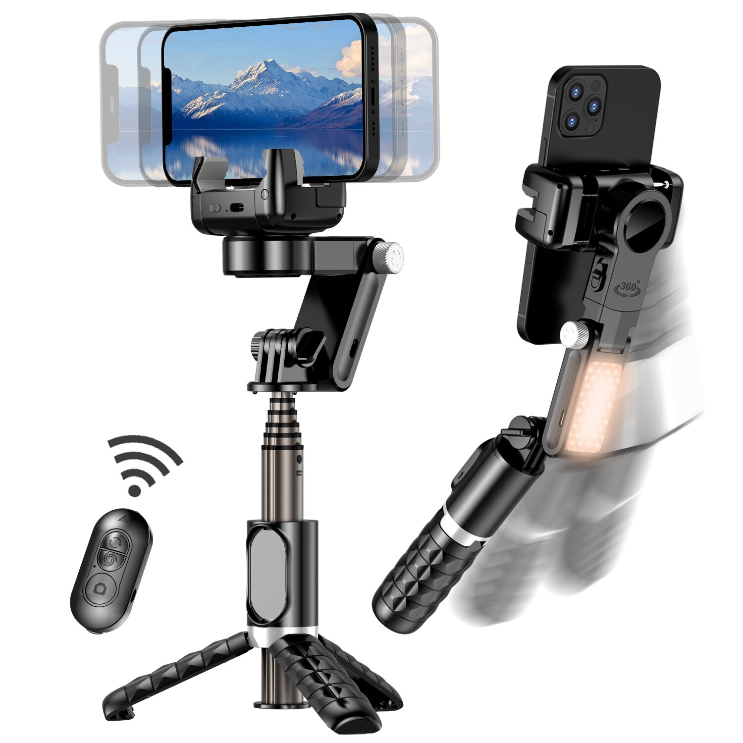 Gimbal Stabilizer for Smartphone, 2 Axis Selfie Stick Tripod with Face Tracking, 360° Rotation, 4 in 1 Portable