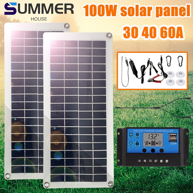 100W Solar Panel Kit Complete 12V Dual USB With 30-60A Controller Solar Cells for Car Yacht RV Boat Moblie Phone Battery Charger