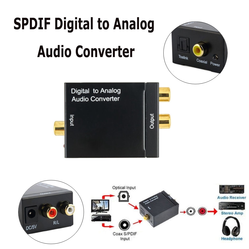 SPDIF Digital to Analog Audio Converter DAC Amplifier Decoder Fiber Coaxial Coax Audio RCA Signal to Analog L/R Audio Adapter